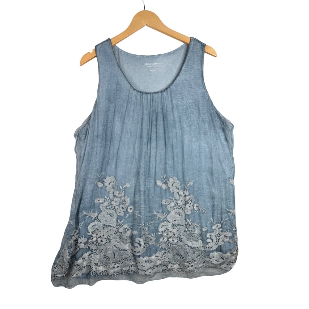 Soft Surroundings Dusty Blue Sleeveless Embroidered Tunic